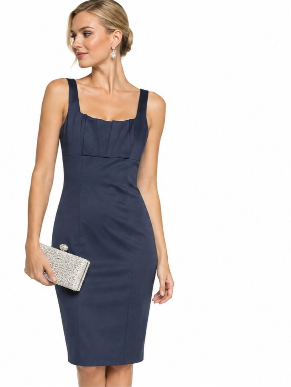 David Meister Navy Satin Cocktail Dress Wedding Guest